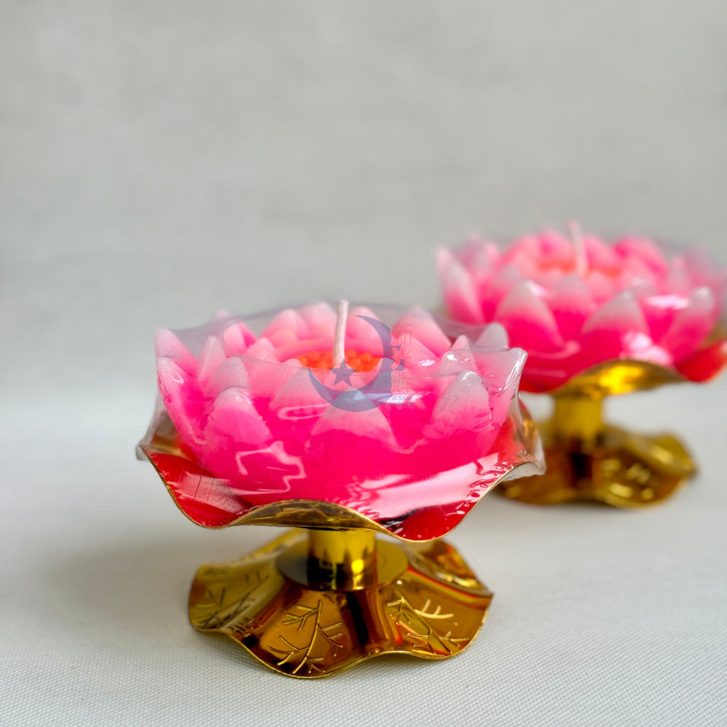 Blooming Lotus Candle with Gold Stand - 荷叶莲花烛